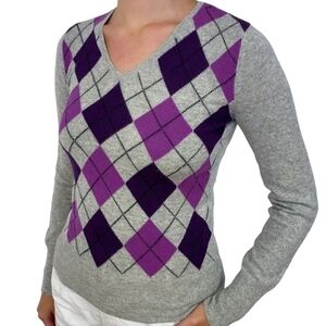 Vintage 100% Cashmere Purple Gray Argyle Academia V Neck Sweater Size M